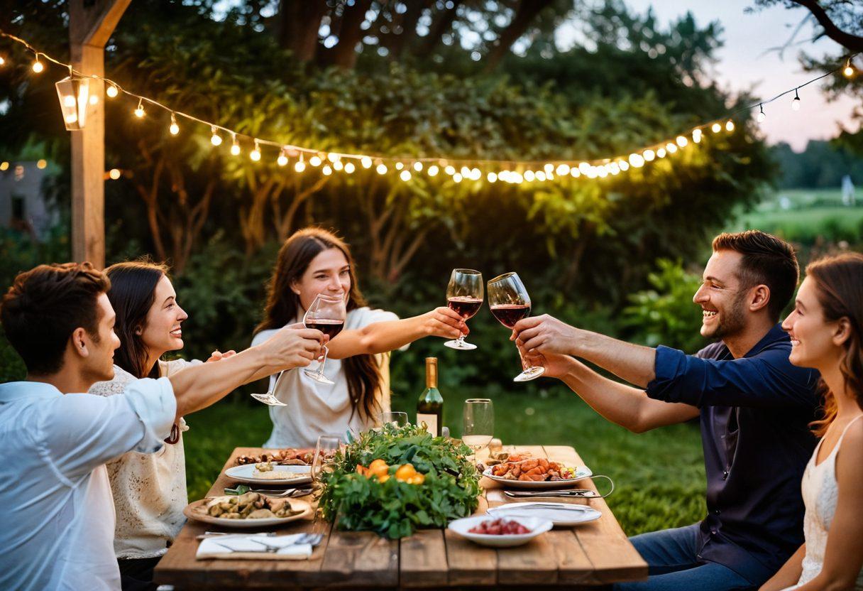 A cozy outdoor gathering with friends clinking wine glasses under twinkling fairy lights, lush greenery in the background. The table is adorned with an array of colorful appetizers and bottles of wine, with laughter and warmth in the atmosphere. Sun setting in the distance, casting a golden glow over the scene. Capturing the essence of celebration and community, highlighting the therapeutic nature of shared moments over wine. vibrant colors. soft focus. evening light.