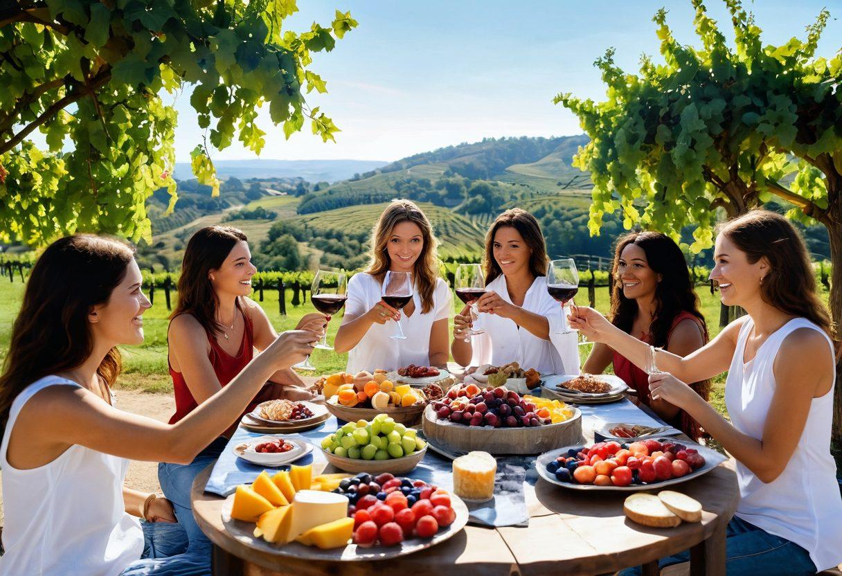 A beautifully set outdoor table adorned with various wine glasses filled with colorful red, white, and rosé wines, surrounded by fresh fruits and cheese platters. In the background, a sun-kissed vineyard stretches out under a bright blue sky, with smiling friends raising their glasses in a toast. The atmosphere is vibrant, capturing the joy and warmth of wine tasting. super-realistic. vibrant colors. outdoor setting.
